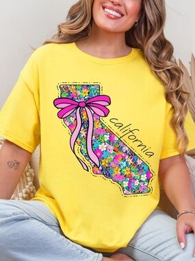 Gildan Yellow Tee with Multicolor Floral California Graphic and Pink Bow